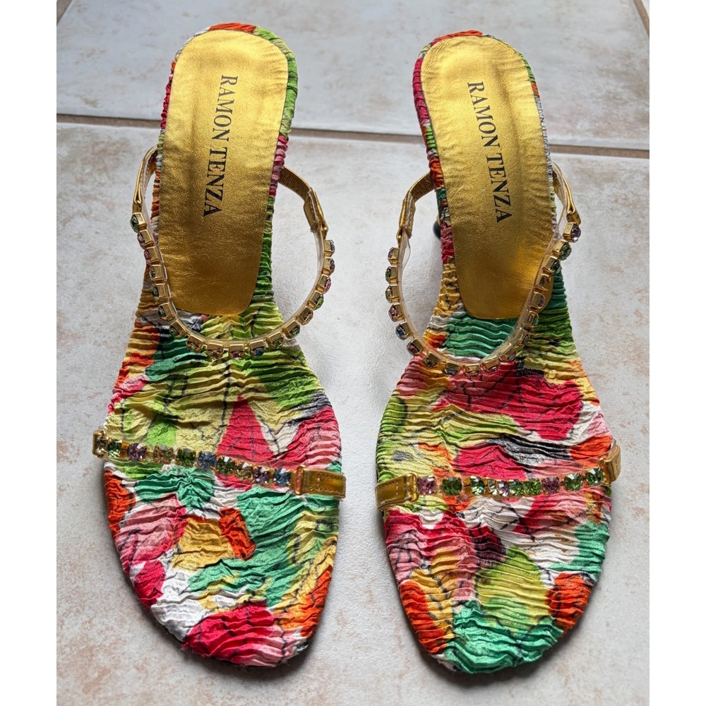 Y2K Ramon Tenza Multicolor Ruched Satin Rhinestone Heels Fairy Made In Spain 9